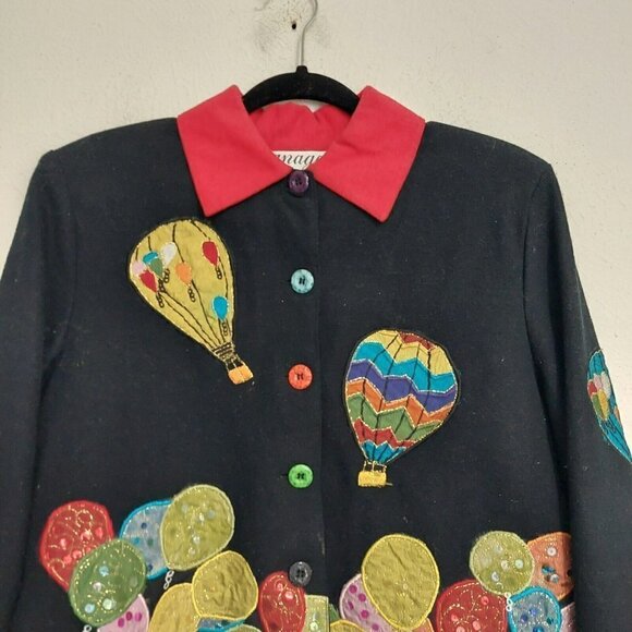 Vintage Anage Black Hot Air Balloons Button Down Jacket Sequins Patchwork 80s S - Picture 5 of 14